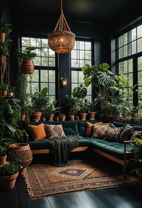 35 Gorgeous Dark Boho Living Room Inspirations 59 Modern Witch Living Room, Modern Boho Living Room Apartment, Jungle Decor Living Room, Boho Jungle Living Room, Forest Inspired Living Room, Rustic Green Living Room, Dark Cottagecore Living Room, Industrial Boho Living Room, Living Room Jungle