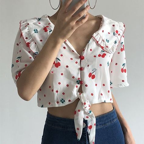 Mini Skirts Outfits Summer, Indie Outfit Inspo, Cherry Blouse, Fe Clothing, Fashion Tops Blouse, Pretty Blouses, Kawaii Dress, Cherry Print, Indie Brands