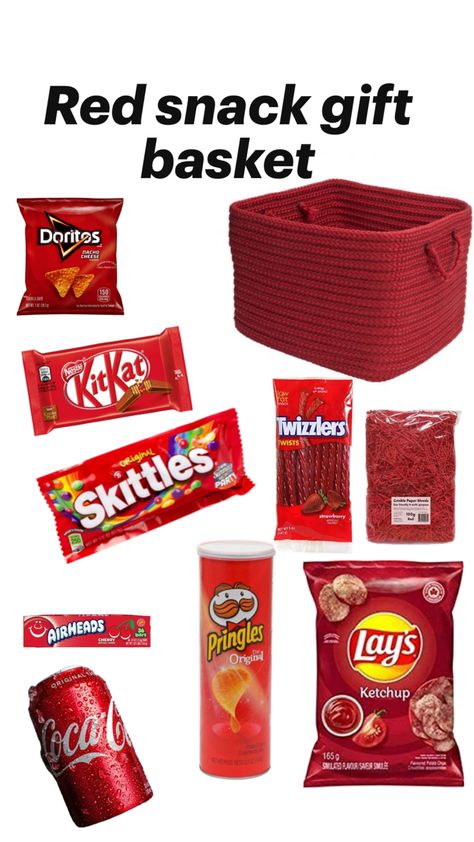 If someone’s favorite color is red and loves snacks then  this is an amazing gift! Red Snacks, Snack Gift Baskets, Bestie Birthday, Snack Gift, Gift Basket, One Color, Gift Baskets, Favorite Color, Best Gifts