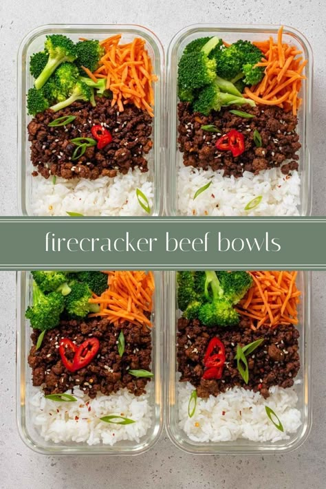 Ready in 30 minutes and made with minimal ingredients, these spicy firecracker beef meal prep bowls are quick and easy to make while being full of flavor. Plus, they are packed full of protein and fiber making them a great meal prep idea for healthy lunches or dinne Super Lean Meals, Fast Healthy Meal Prep, Beef Prep Meals, Meal Prep With Beef Easy Recipes, Healthy Family Meal Prep For The Week, Steak High Protein Meal Prep, Batch Cooking For One, Poke Meal Prep, Asian Lunch Meal Prep