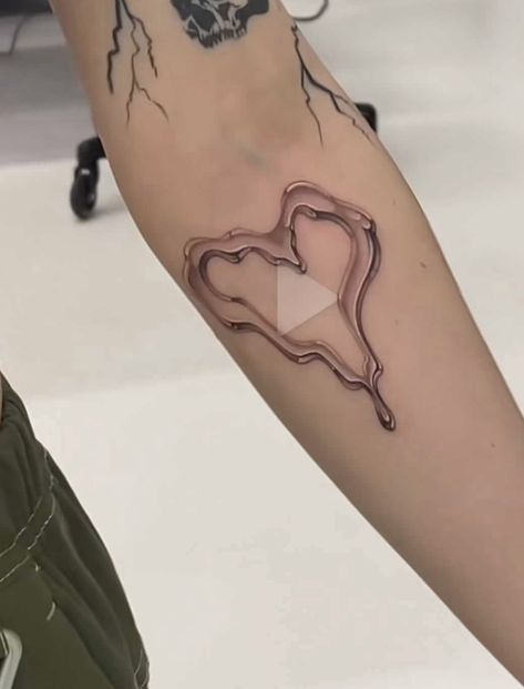 Liquid metal heart tattoo Metallic Heart Tattoo, Melted Heart Tattoo, Metal Heart Tattoo, Chrome Tattoo, David Tattoo, Single Needle Tattoo, Metal Tattoo, Trash Polka, 3d Tattoo