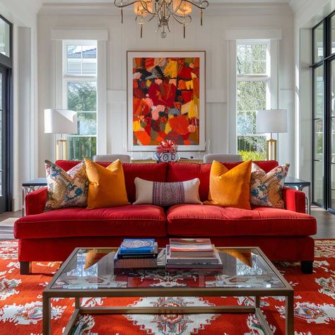 7+ Vibrant Family Room Decor Ideas for a Red Makeover • 333+ Art Images Red And Orange Living Room Ideas, Red Sofa Decor, Red Couches Living Room Decor, Red Sofa Living Room Color Schemes, Red Leather Couch Living Room, Red Couch Living Room Ideas, Bright Living Rooms, Red Sofa Decorating, Red Couch Decor