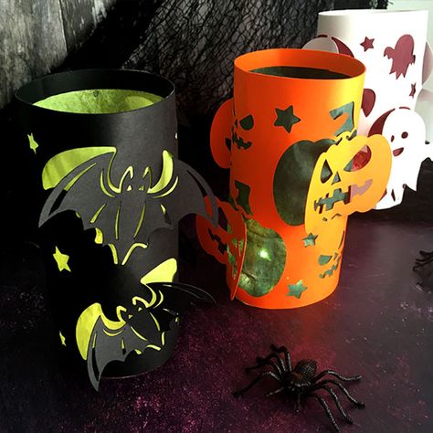 Make Easy Halloween Lanterns with your Cricut! - Craft with Sarah Halloween Quilling, Halloween Cricut Projects, Diy Halloween Cupcakes, Hair Bow Templates, Free Svgs For Cricut, Diy Halloween Luminaries, Mandala Cards, Halloween Lanterns Diy, Halloween Luminaries