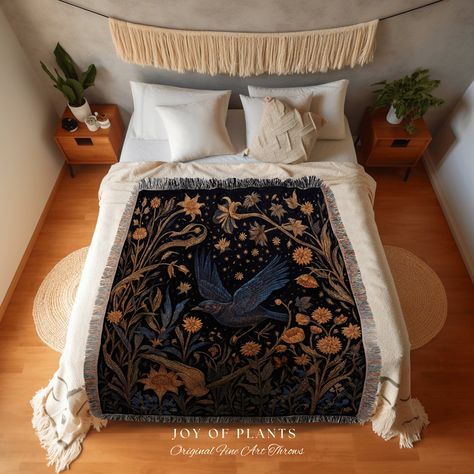 Dark Academia Raven Woven Throw Blanket Crow Wall Art Woven Wall Hanging Gothic Decor Crowcore Aestheic Dark Cottagecore Blanket Cotton by JoyOfPlants on Etsy Woodland Aesthetic, Art Blanket, Tapestry Woven, Dark Cottagecore, Woven Throw Blanket, Velvet Blanket, Gothic Decor, Decorative Blankets, Woven Throw