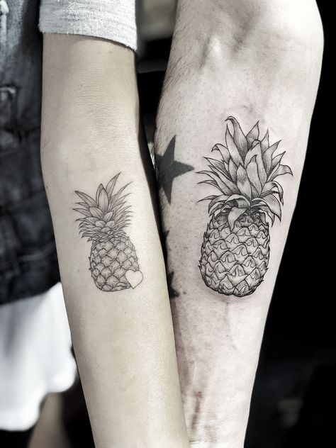 Pineapple Heart Tattoo, Pineapple Tattoo Ideas, Pineapple Tattoos, Pineapple Ideas, Tattoo Ideas For Couples, Tattoos For Couples, Hawaii Tattoos, Pineapple Tattoo, Couples Tattoos