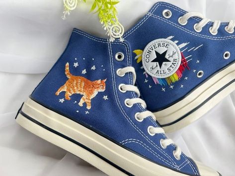 Embroidered Converse/Converse Pet/Custom Orange Cat/Bridal Converse/Flower Converse/Planet Embroidery/Customized Converse Planet Embroidery, Flower Converse, Customized Converse, Colorful Flower Garden, Converse Embroidery, Embroidered Vans, Bridal Converse, Painted Converse, Embroidered Sneakers