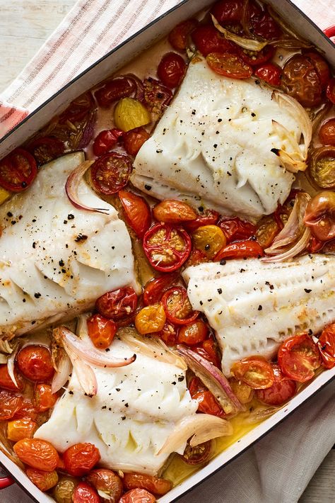 One-Pan Roasted Fish With Cherry Tomatoes Recipe - NYT Cooking Roasted Fish, Cherry Tomato Recipes, Roast Fish, Nyt Cooking, Two Fish, Elegant Dinner, Tomato Recipes, Fish Dishes, Greek Recipes