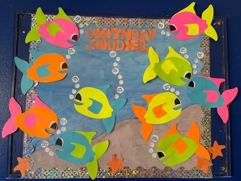 Birthday buddies “fishes all around” #happybirthday Fish Bowl Birthday Board, Under The Sea Birthday Board Classroom, Aquatic Bulletin Boards, Ocean Theme Classroom Birthday Bulletin, Ocean Theme Preschool Classroom Bulletin Boards Under The Sea, Bulletin Board Preschool, Birthday Buddies, Ocean Bulletin Board, Ocean Theme Decorations