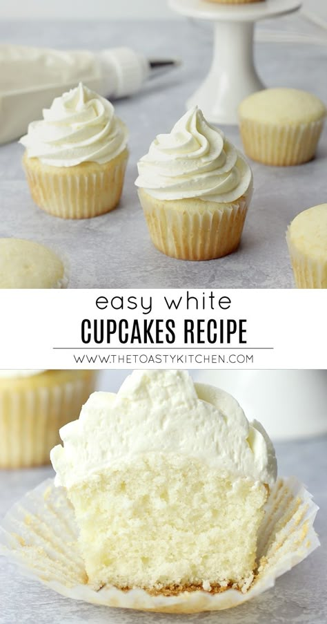 Easy White Cupcakes by The Toasty Kitchen #cupcakes #cupcakerecipe #dessert #whitecupcakes #eggwhites #recipe #homemade Easy White Cupcakes, Eggwhites Recipe, White Cupcake Recipe, White Cupcake Recipes, Homemade Cupcake Recipes, Cupcake Recipes From Scratch, Moist Cupcakes, Make From Scratch, Vanilla Cupcake Recipe