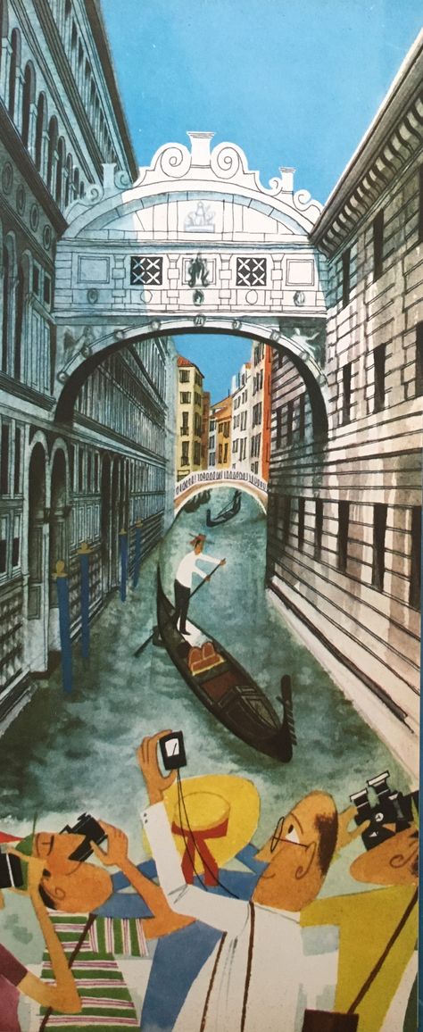 « Venise » by Miroslav Sasek in 1961 Miroslav Sasek Illustration, Sasek Illustration, Miroslav Sasek, Reportage Illustration, Illustration Animals, Architectural Illustration, Mid Century Illustration, Love Illustration, Landscape Illustration