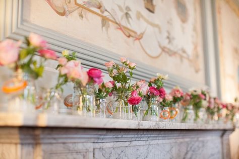 Mantlepiece Flowers, Jam Jar Flowers, Mantle Design, Wedding Favours Luxury, Cheap Wedding Decorations, Table Flower Arrangements, Pronovias Wedding Dress, The Mantle, Guest Book Table