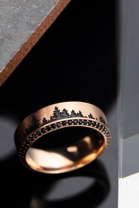 Men Black Diamond Ring, Rose Gold Black Diamond, Trees Pattern, Gold Tree, Men's Wedding Ring, Rose Gold Band, Custom Ring, Black Diamonds, Rose Gold Jewelry