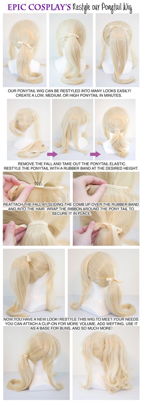 Ponytail tutorial - I really like the look of their wigs, I may have to get this to compare to my Arda Wig Ponytail Tutorial, Cosplay Hacks, Cosplay Wig Tutorial, Wig Tutorials, Wig Tutorial, Short Ponytail, Diy Cosplay, Wig Care, Ponytail Tutorial