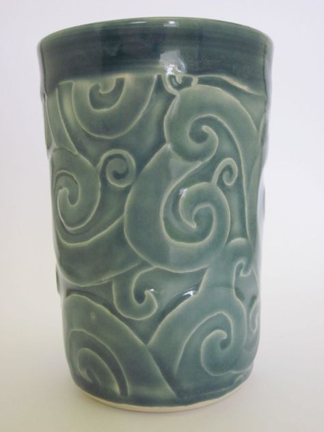 Shellac resist tumbler by penelopespiderworks.deviantart.com on @deviantART Shellac Resist Ceramics, Ceramic Sketchbook, Pottery Finishes, Water Erosion, Surface Techniques, Pottery Decoration, Ceramic Decoration, Wax Resist, Surface Decoration