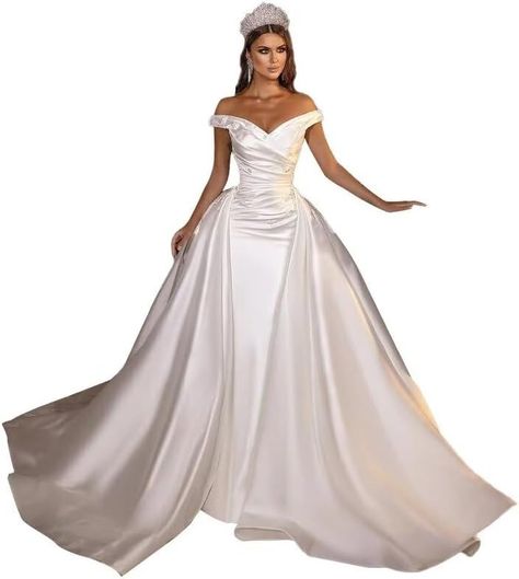 Amazon.com: Mermaid Wedding Dresses for Bride 2024 Beaded Satin Off Shoulder Bride Dress Detachable Train Long Wedding Gowns Lace Up Back Ivory US0 He1023C : Clothing, Shoes & Jewelry Wedding Dress With Ruffles, Bride 2024, Long Gown For Wedding, Dresses For Bride, Satin Bridal Gowns, A Line Bridal Gowns, Satin Wedding Gown, Detachable Train, Cheap Wedding Dresses Online