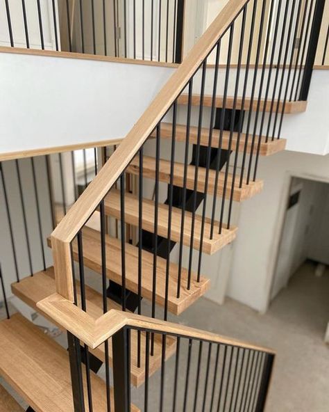 Oak And Steel Staircase, Steel Spine Staircase, Central Spine Staircase, Spine Staircase, Steel Staircase, Oak Handrail, Staircase Handrail, Garage Conversion, Staircase Design