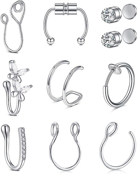 6pcs fake nose ring/nose cuffs/fake nose hoop + 2pcs fake nose stud + 2pcs faux septum nose rings. Come with a black velvet pouch. The fake nose piercing jewelry made of 316L surgical stainless steel, smooth polished surface, comfortable for long time wear. Fake nose ring hoop gauge: 16G(1.2mm)/18G(1.0mm)/20G(0.8mm); Inner diameter -fake septum nose ring 8mm/14mm, other fake nose ring hoop 8mm, fake nose stud diameter 3mm. Fake Nose Stud, Nose Cuffs, Septum Piercing Jewelry, Fake Nose Ring, Pierced Nose, Nose Cuff, Faux Septum, Septum Nose Rings, Septum Nose