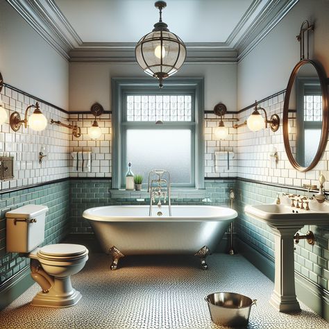 Create an image of a bathroom embodying a modern vintage charm. The walls should be adorned with subway tiled walls up to a chair rail, and then painted in a soft, pastel color above. Traditional hexagon mosaic tile should cover the floor, providing a perfect balance between then and now. Lighting should be from antique lantern-style sconces by the mirror above the sink and a vintage chandelier for general ambiance. This image will serve as an inspiration for a bathroom remodel. Bathroom With Wood Panelling, Antique Tile Bathroom, Victorian Washroom, 1800 Bathroom, Clawfoot Tub Shower Combo, Subway Tile Bathroom Ideas, Victorian Bathtub, Antique Fixtures, English Bathroom