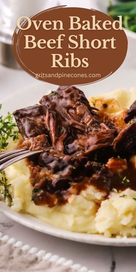 Looking for a delicious recipe for a dinner? Oven baked beef ribs are a delicious meal idea that is sure to be a hit with the family! This easy recipe is full of flavor and a classic comfort food. When these short ribs are cooked low and slow, they are so tender the meat falls off the bone! This meal can be made ahead of time and reheated, so it's perfect for serving your family or dinner guests! Braised Beef Short Ribs Oven, Oven Baked Short Ribs, Baked Beef Short Ribs, Baked Short Ribs, Short Ribs Recipe Oven, Beef Short Rib Recipes Oven, Beef Short Ribs Oven, Short Ribs Dutch Oven, Best Short Rib Recipe