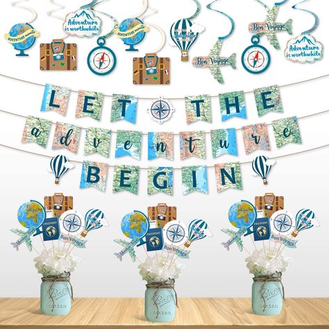 Amazon.com: Travel Themed Party Decorations Set Let the Adventure Begin Banner Centerpieces Sticks and Hanging Swirls for Bon Voyage Retirement Farewell Party World Awaits Birthday Baby Shower Decorations Supplie : Toys & Games Travel Party Decorations, Explorer Birthday Party, Travel Theme Party, Bon Voyage Party, Retirement Decorations, Goodbye Party, Travel Party Theme, Adventure Decor, Adventure Baby Shower