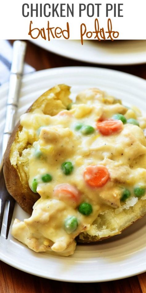 Pot Pie Sauce, Stuffed Baked Potatoes Main Dishes, Creamy Pot Pie, Sides Potatoes, Baked Potato Dinner, Recipe With Potatoes, Baked Potato Toppings, Chicken Potato Bake, Baked Potato Bar