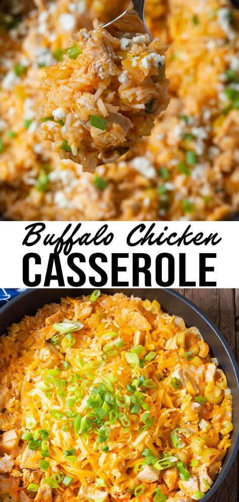 One-Pan Buffalo Chicken Casserole – A zesty skillet chicken recipe loaded with cheesy rice, buffalo sauce, and blue cheese! Meal Prep Ideas Buffalo Chicken, Buffalo Rice Bowl, One Pan Buffalo Chicken And Rice, One Pan Cheesy Buffalo Chicken Rice, Buffalo Casserole Recipes, Buffalo Chicken Hotdish, Buffalo Rice Recipe, Buffalo Chicken Blue Cheese Casserole, Rotisserie Buffalo Chicken Recipes