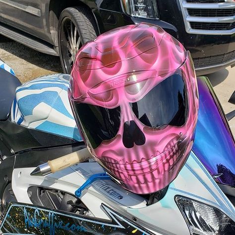 Cool Bike Helmets, Pink Motorcycle, Skull Helmet, Biker Helmets, Cool Motorcycle Helmets, Flaming Skull, Custom Motorcycle Helmets, Motorcycle Aesthetic, Biker Aesthetic