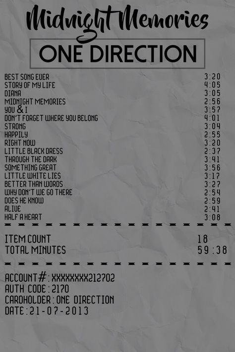 Album Receipt, Midnight Memories, Memory Album, Best Song Ever, Best Songs, You And I, The Darkest, Don't Forget, Card Holder