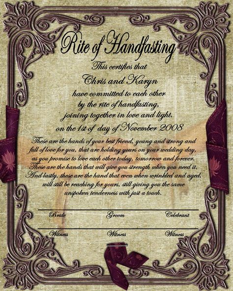 This beautiful handfasting certificate would be a lovely addition and also give whoever performs the ceremony the words to say.  I was thinking that maybe Liz could draw one on parchment. Handfasting Certificate, Wiccan Wedding, Pagan Wedding, Viking Wedding, Scrapbook Printing, Save My Marriage, Commitment Ceremony, Celtic Wedding, Free Digital Scrapbooking