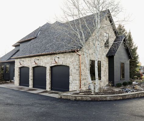 Exterior Garage Door, Designer Doors, Garage Exterior, Bg Design, Exterior Renovation, Chris Loves Julia, Modern Cottage, Exterior Stone, Black House Exterior