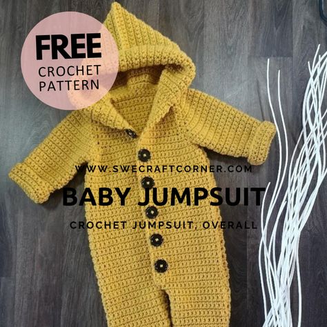 FREE crochet pattern – Baby jumpsuit/romper | Swecraftcorner Baby Romper Pattern Free, Crochet Baby Projects, Crochet Jumpsuits, Baby Romper Pattern, Toddler Patterns, Crochet Pieces, Baby Headbands Crochet, Crochet Romper, Crochet Toddler