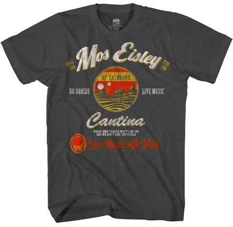 PRICES MAY VARY. Bold Text: Features various text surrounding the Mos Eisley Cantina, offering a distressed, retro look. Bright Graphics: Images and words in bright sunset colors that stand out against the shirt. Quality Material: Made from a fabric blend, providing maximum comfort and durability for everyday wear. Plus, it was designed with a tagless neckline to prevent irritation. Inclusive Sizing: Listed in men's sizes but great for all older fans of the Star Wars franchise, ensuring a stylis Star Wars Mos Eisley, Mos Eisley Cantina, Mos Eisley, Star Wars T Shirt, Star Wars Tshirt, T Shirt Image, Star Wars Shirts, New Star Wars, Movie T Shirts