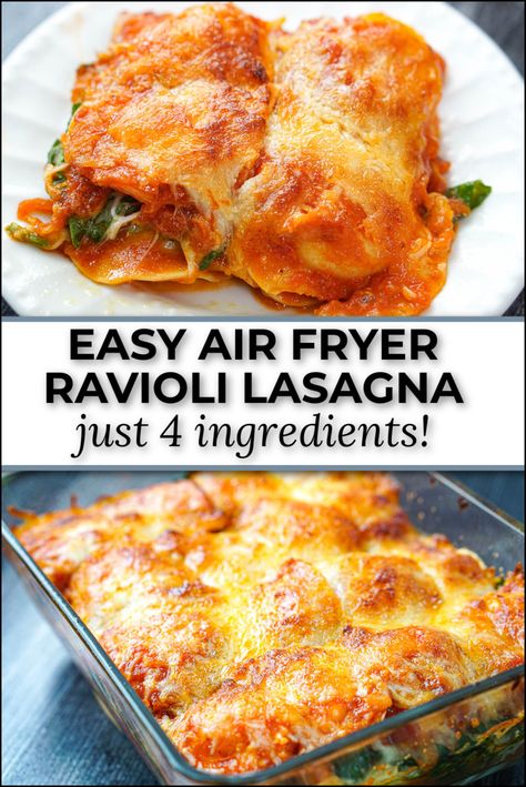 white plate with ravioli lasagna made in the air fryer and text Lasagna Recipe Airfryer, Lasagna With Ravioli, Air Fryer Lasagna, Air Fryer Ravioli, Fried Ravioli Recipe, 2023 Food, Ravioli Lasagna, Recipes Air Fryer, Lasagna Rollups