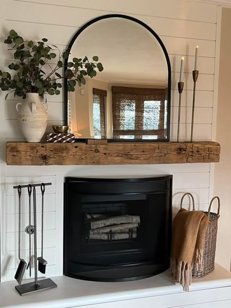 35 Mirror Above Fireplace Ideas for a Beautiful Look - Nikki's Plate Modern Chimney Decor, Over Chimney Decor, Call Fireplace Decor, Living Room Chimney Decor, Decor Over Mantle Fire Places, Feminine Mantle Decor, Decor In Fireplace, Organic Modern Mantel Decor, Arch Mirror Mantle Decor