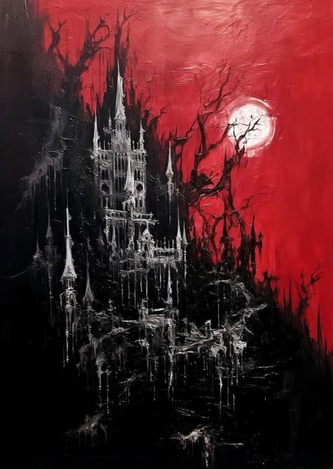 Gothic Mural Paintings, Vampire Gothic Aesthetic, Gothic Red Aesthetic, Red Gothic Wallpaper, Dark Fairytale Art, Goth Painting Ideas, Gothic Art Painting, Romantic Gothic Aesthetic, Red Goth Aesthetic