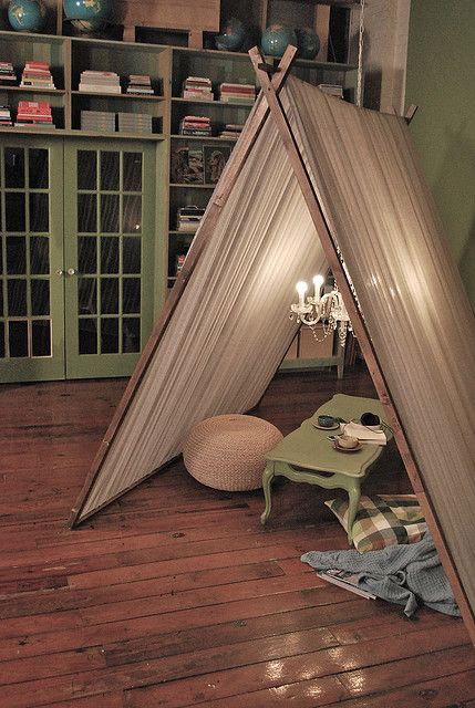 What a cute idea.  I always lobbed blankets over the clothesline when I was a kid to create my own little world - even slept there a few times. Never thought about re-creating it as an adult... Indoor Tents, Smart Tiles, Teepee Tent, Surf Shack, Cozy Nook, Kid Spaces, Kids' Room, Apartment Therapy, Boy's Room