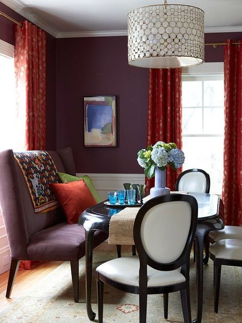 Dark purple walls + deep red curtains; this is the plan! Dark Purple Walls, Unique Paint Colors, Plum Walls, Purple Dining Room, Purple Paint Colors, White Wainscoting, Makeup Room Decor, Dining Room Seating, Purple Decor