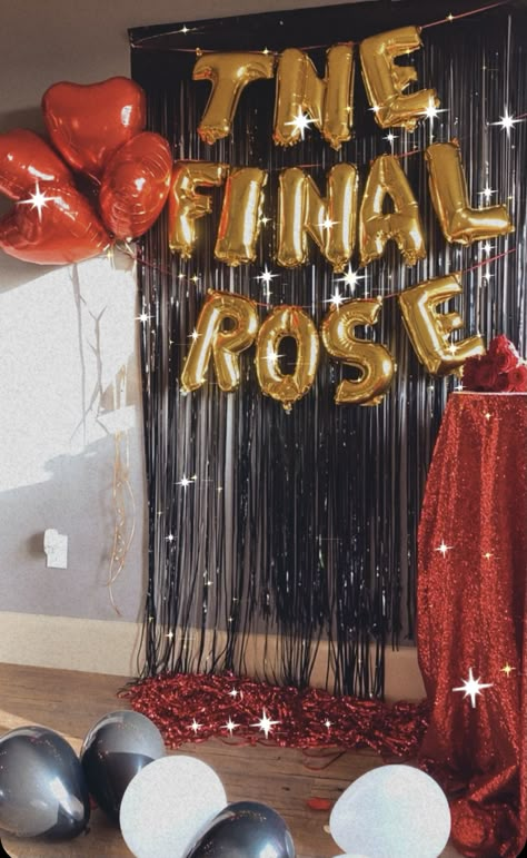 Easy Bachelorette Backdrop, Bachelorette Show Party Ideas, The Bachelorette Themed Party, Red And Gold Bachelorette Party, Bachelorette Party Themes February, Bachelorette Themed Bachelorette Party, Last Rose Bachelorette Theme, Final Rose Themed Bachelorette Party, The Bachelor Themed Bachelorette Party