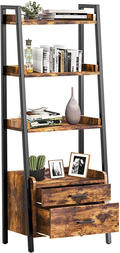 Amazon.com: FABATO 4-Tier Ladder Shelf Bookcase with 2 Drawer Organizer Display Shelves Freestanding Bookshelf with Metal Frame for Living Room Office Kitchen Rustic Brown : Home & Kitchen Freestanding Bookshelf, Shelves Freestanding, Rustic Bookshelf, Free Standing Shelves, Frame For Living Room, Bookcase Organization, Kitchen Rustic, Wooden Rack, Shelf Bookcase