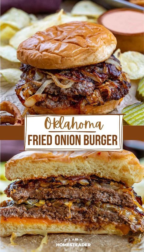 An Oklahoma Fried Onion Burger is two beef patties smashed down onto piles of fried onions and topped with cheese, served between a toasted hamburger bun. It sounds so simple, yet it is so delicious, especially with homemade fry sauce generously spread on the bun. You can certainly top the burger with your favorite fixings, but I encourage you to take at least one bite before adding anything else! Smashed Onion Burger, Smashed Burgers Recipe, Oklahoma Fried Onion Burger, Hamburgers Recipes, Onion Burger Recipe, Onion Burgers, Hamburger Seasoning, Hamburger Dishes, Bbq Burger