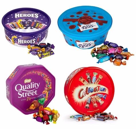 British Sweeties! British Sweets Candies, Caramel Eclairs, Cadbury Roses, British Candy, British Sweets, Chocolate Showpiece, Miniature Chocolate, Christmas Gift Boxes, Cadbury Chocolate