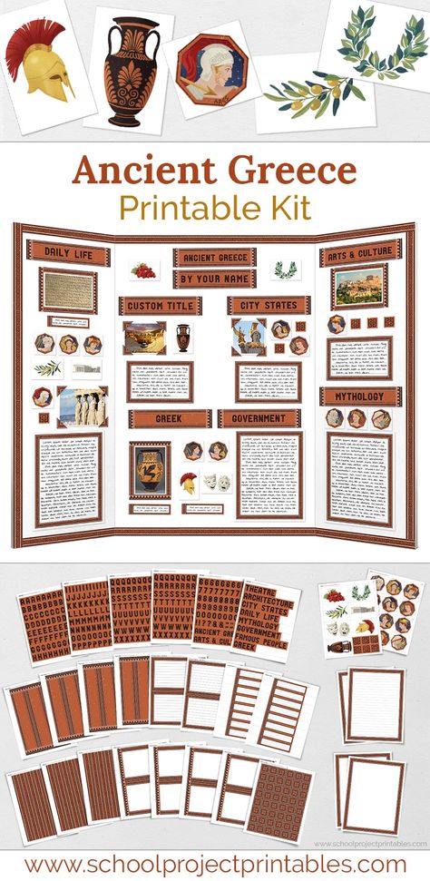 Use this printable kit to make your Ancient Greece project! Ancient Greece Poster, Ancient Greece Display, Ancient Greece Projects, Greece Project, Ancient Greece For Kids, Ancient Greece History, Ancient Egypt For Kids, Ancient Greece Art, Greece Poster