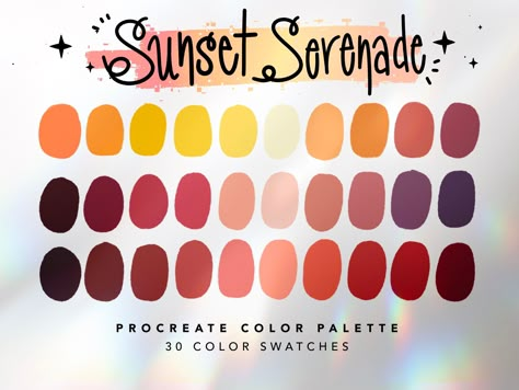 Sunset Serenade Color Palette For Procreate This color palette contains 30 color swatches to use in Procreate App. These colors were handpicked and were inspired by colorful sunsets. ⭐️ || YOU WILL RECEIVE || ⭐️ 1 x Procreate Palette Instructions 1 x JPG file with all swatches 1 x Sunset Serenade Color Palette for Procreate || .swatches file ⭐️ || HOW TO USE || ⭐️ 1. You will receive an email after you complete checkout with a link to download the files. 2. You can also log into your Etsy accoun Loud Color Palette, Fun Color Pallets, Indie Color Palette, Cinema Color Palette, Sun Color Palette, Sunset Pallet, Pink And Black Color Palette, Sunrise Color Palette, Sunset Color Scheme