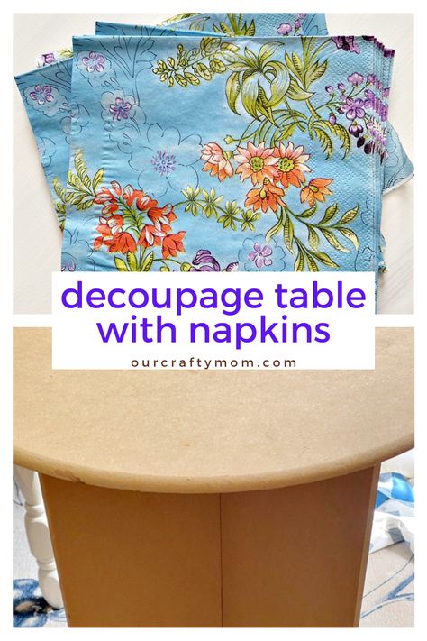 Mod Podge Coffee Table, Decoupage Side Tables, Repurpose Side Table Ideas, Decoupage Wooden Tray, Mod Podge Table Top, Napkins On Wood Decoupage, Napkin Decoupage Furniture, Decorating With Napkins, Decoupage End Table