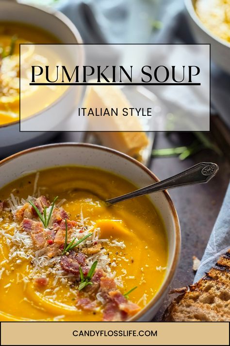 A bowl filled with bright pumpkin soup and topped with bacon crumbs parmesan black pepper and rosemary Italian Pumpkin Soup, Roasted Pumpkin Soup Recipe, Roasted Pumpkin Soup, Savory Pumpkin, Roast Pumpkin Soup, Cooking Pumpkin, Pumpkin Soup Recipe, Fancy Top, Soup Maker