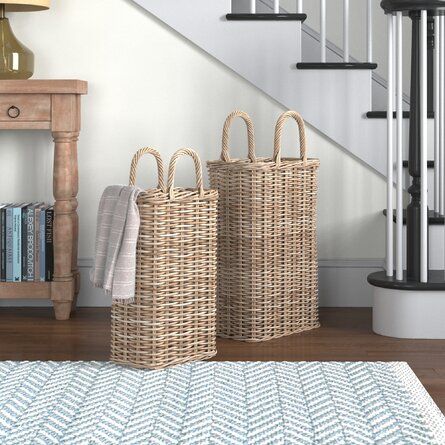 Rosecliff Heights Wicker/Rattan 2 Piece Basket Set | Wayfair Storage Baskets Under Console Table, Large Basket Decor Ideas, Floor Basket Decor Ideas, Tall Wicker Basket, 2023 Apartment, Tall Basket, Yellow Basket, Decor Baskets, Felt Basket