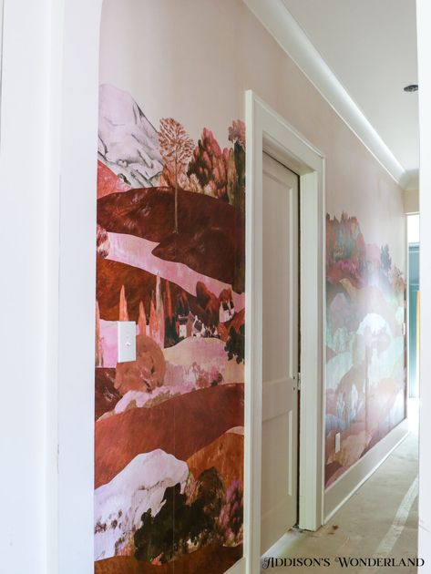 Hallway Ceiling Mural, Hallway Mural, Anthropologie Mural Wallpaper, Anthropologie Judarn Mural, Judarn Mural Anthropologie, Pink Hallway, Mirror Over Fireplace, Wallpaper Hallway, Flamingo Mural Wallpaper