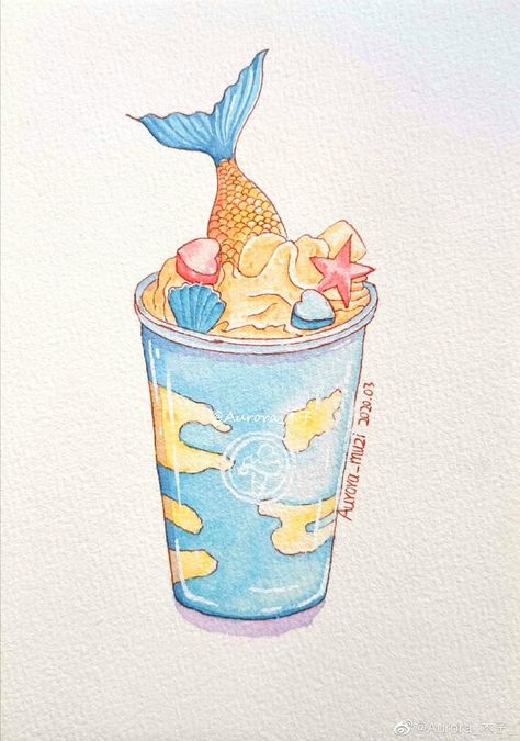 Japanese Food Illustration, Watercolor Food Illustration, Desserts Drawing, Pretty Mermaids, Animal Food, Food Drawings, Watercolor Food, Professional Paintings, Cute Food Art