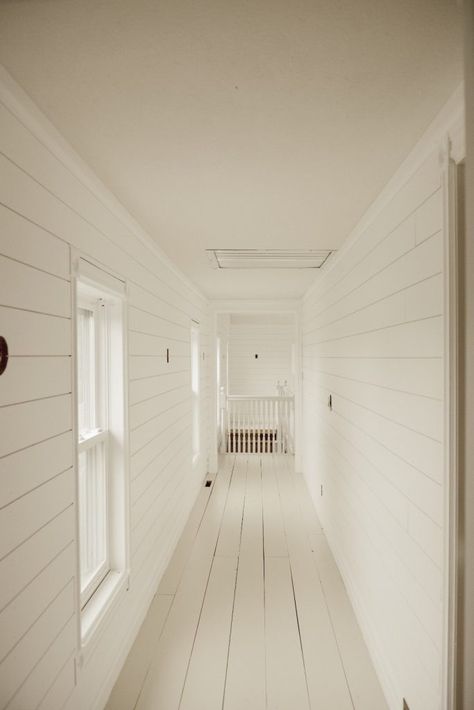 White Painted Wood Floors, Barn Interior Design, Painted Hallway, Farmhouse 5540, Farmhouse Hallway, White Hallway, Nautical Interior, Painted Staircases, Brick Cottage