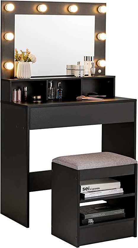 GOFLAME Vanity Table Set with Lighted Mirror, Makeup Dressing Desk with LED Lights, 1 Large Drawer, 3 Open Compartments and Cushioned Stool, Makeup Vanity Organizer for Bedroom, Dressing Room Multifunctional Vanity, Led Lights Mirror, Lights Mirror, Padded Stool, Dresser Table, Vanity Benches, Vanity Table Set, Makeup Desk, Makeup Table Vanity